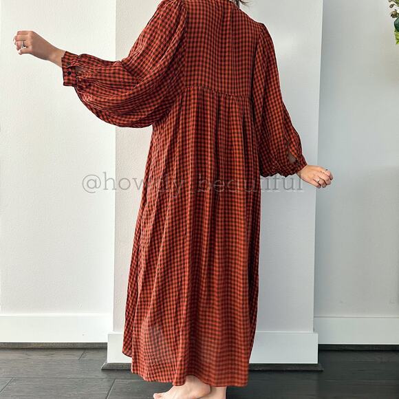 MR. LARKIN Checkered Burnt Orange Balloon Sleeves Maxi Dress - Picture 3 of 10